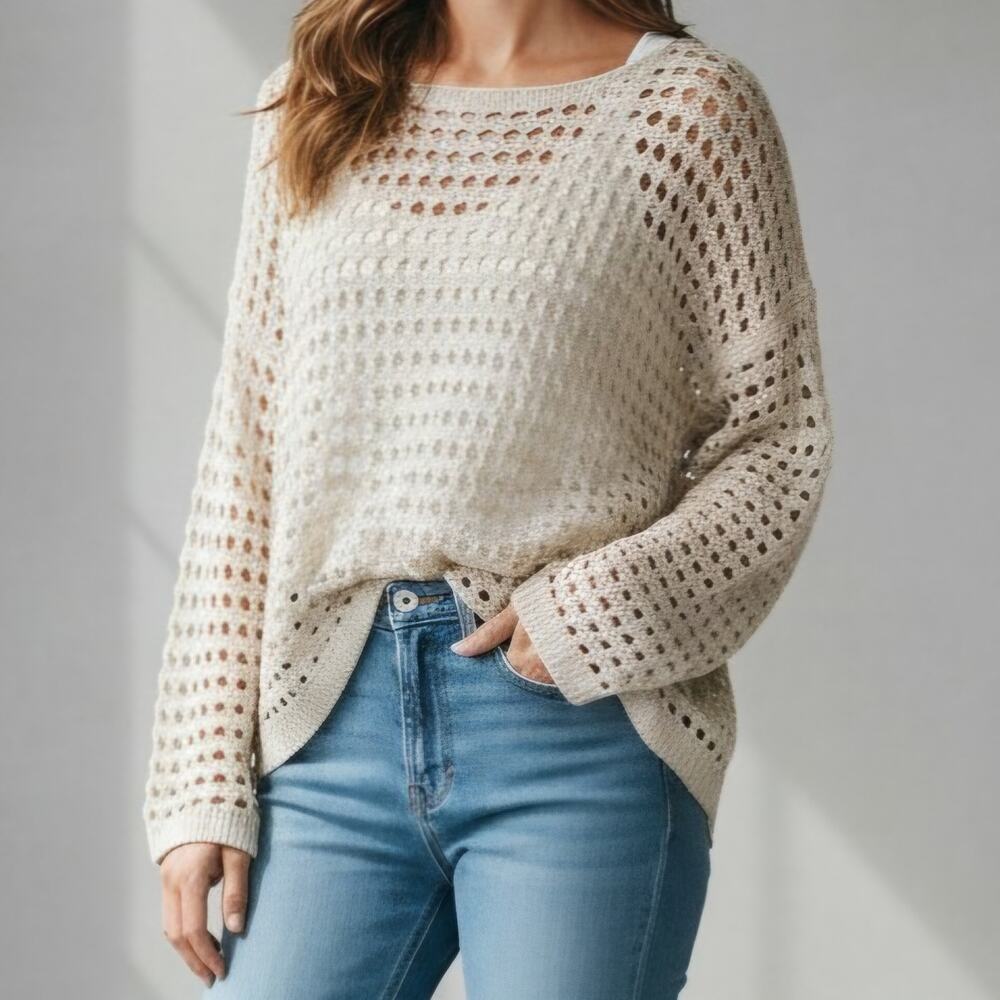 Cupshe Beige Open Knit Drop Sleeve Coverup Sweater Women's Size L NWT